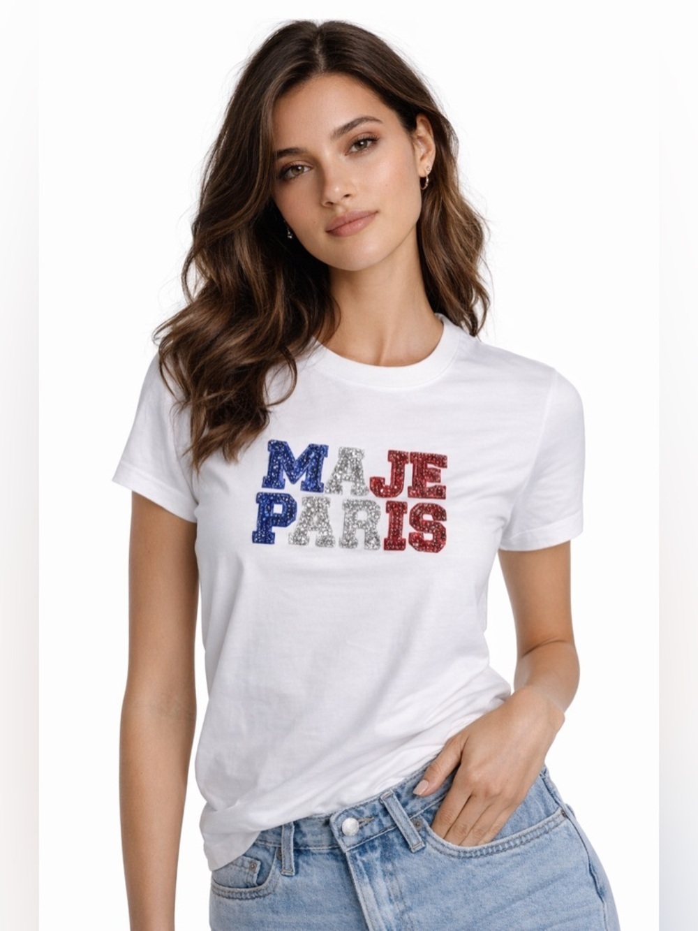 Maje Paris Crystal Logo Tee White XS Rhinestone NWT